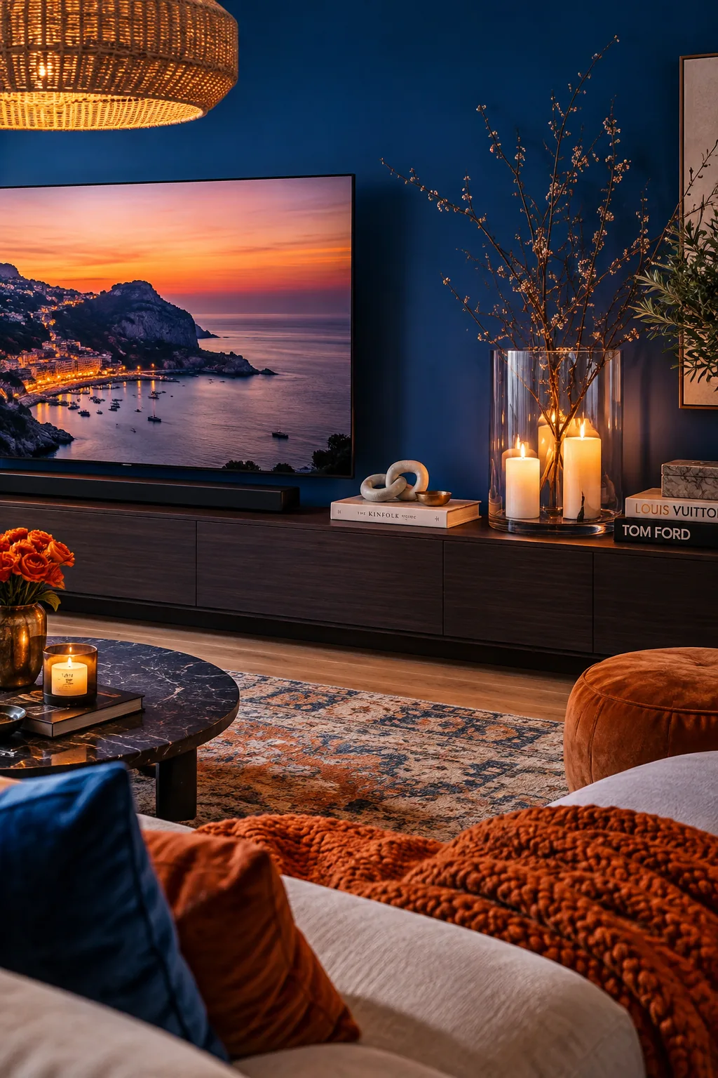 Television placed off-center on a console with a large glass hurricane next to it