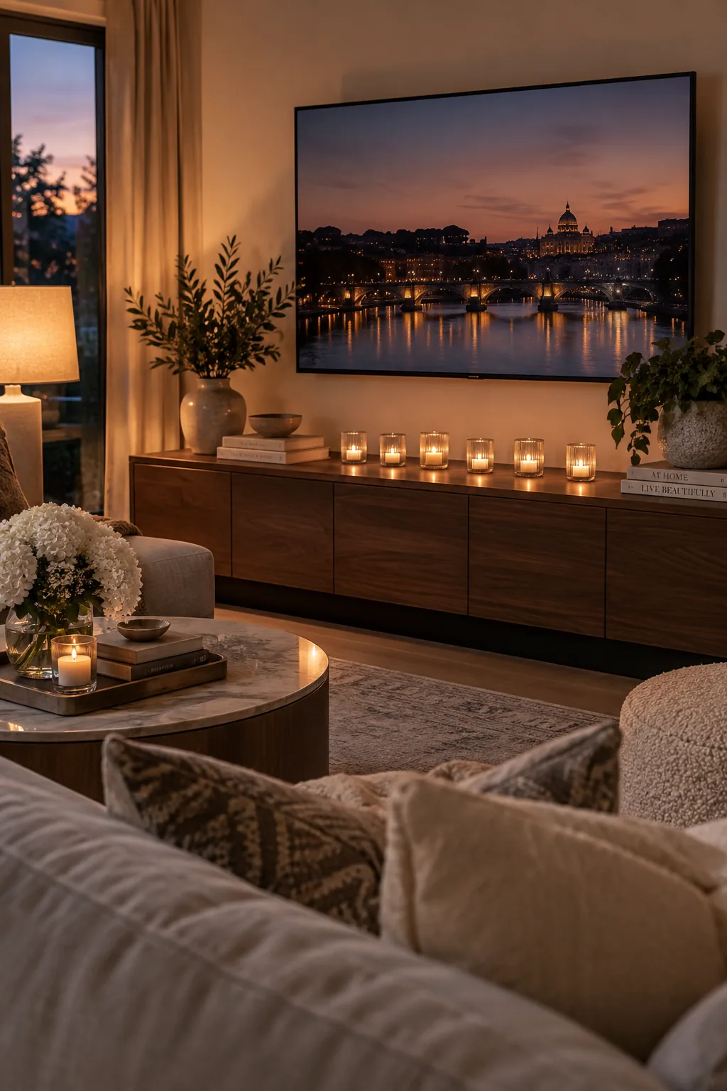 Row of ribbed glass votive candles under a television