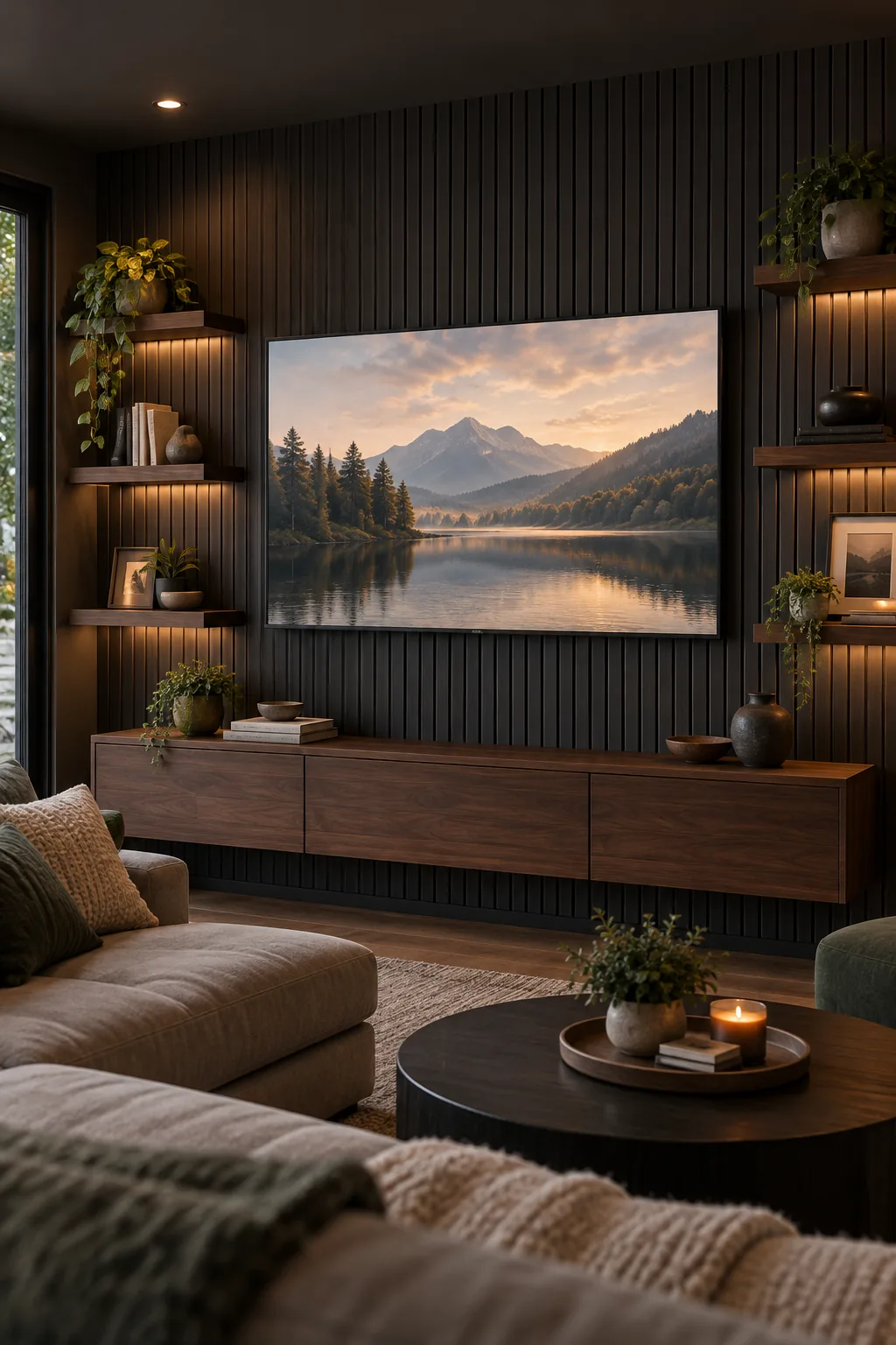 Flat-screen TV displaying landscape art mounted on a charcoal gray slat wall in a dim media room.