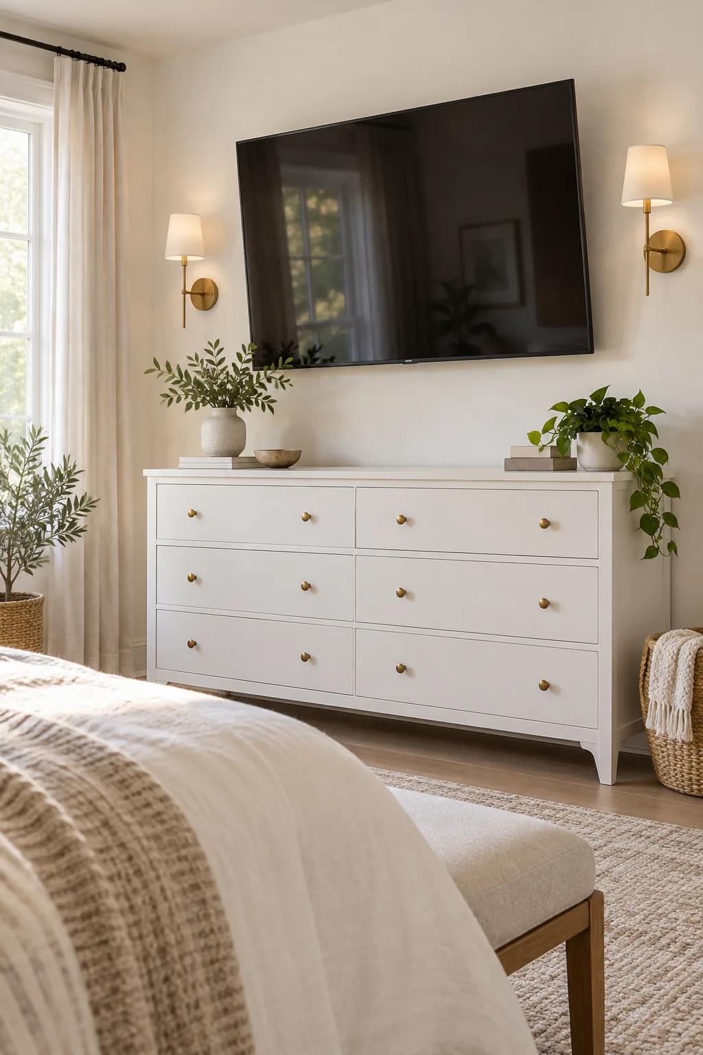 Flat-screen TV angled slightly downward above a white dresser in a bright minimalist bedroom.