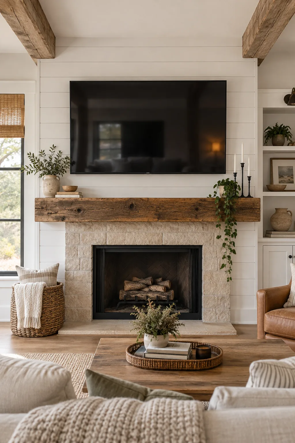 Large TV mounted above a chunky reclaimed wood mantel on a white shiplap wall.