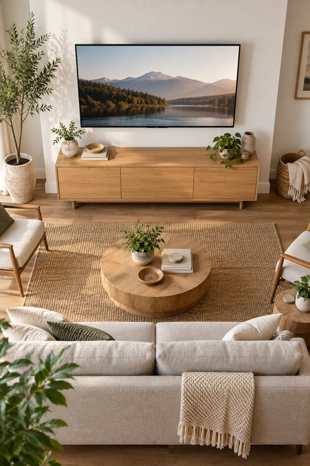Light gray linen sofa facing a large flat-screen TV mounted perfectly centered on a white wall above a wooden console.