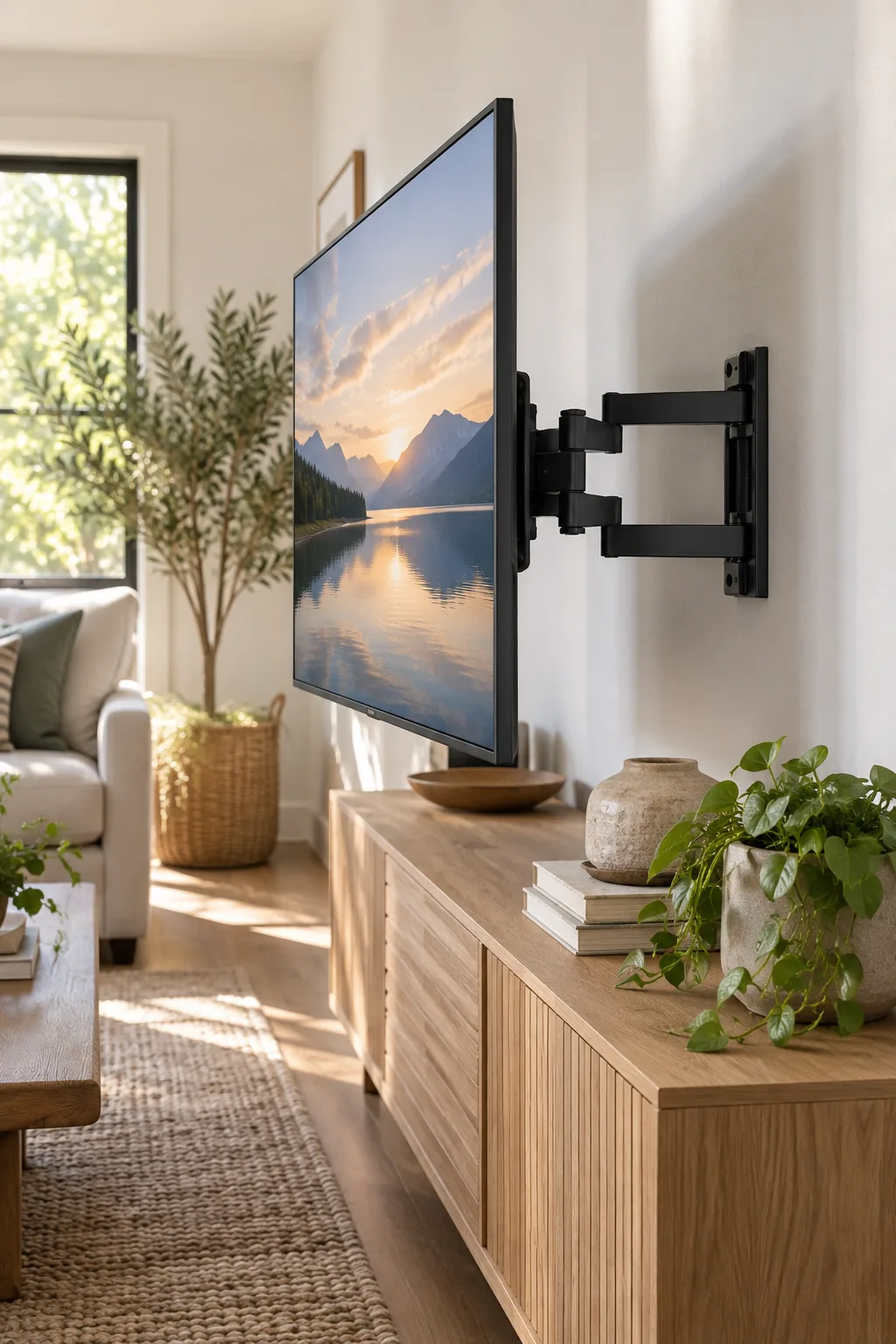 Flat-screen TV extended from the wall on a sturdy black metal articulating arm above a wooden media cabinet.