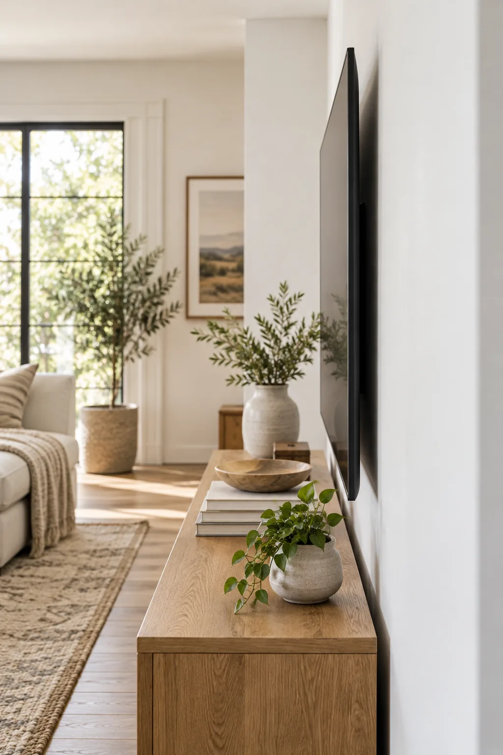 Side profile of a thin flat-screen TV mounted nearly flush against a white living room wall.