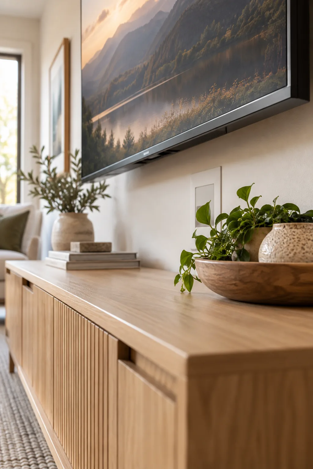 Clean light oak media console styled with a ceramic vase and stacked art books beneath a wall-mounted TV.