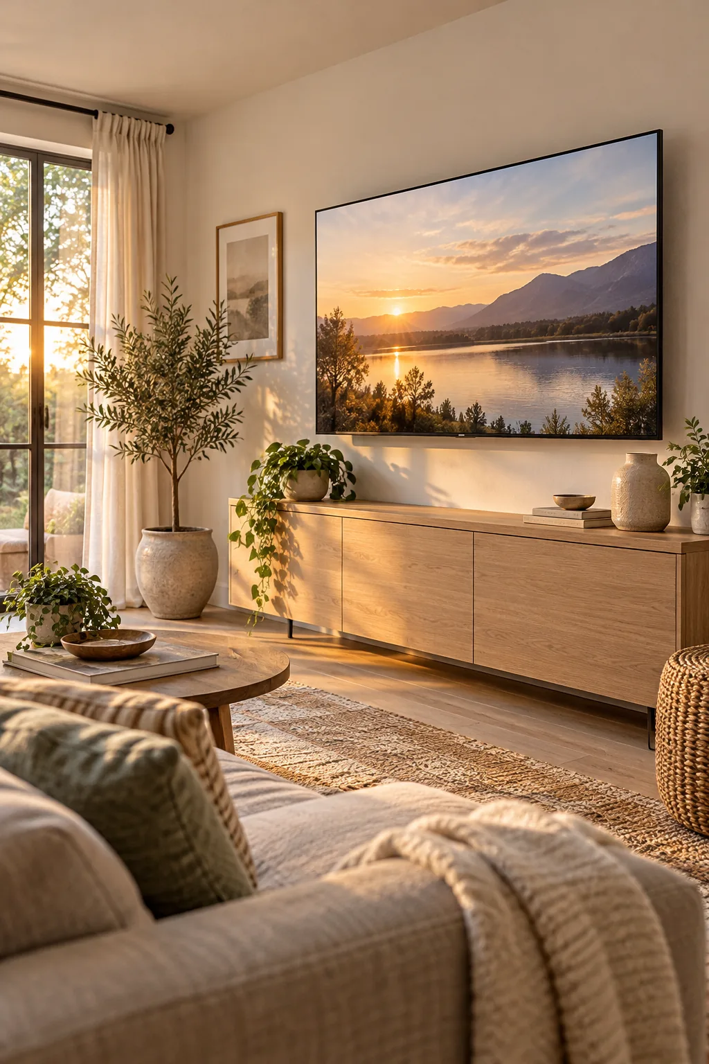 Low angle showing a recessed white electrical outlet plate hidden just behind the bottom edge of a wall-mounted TV.