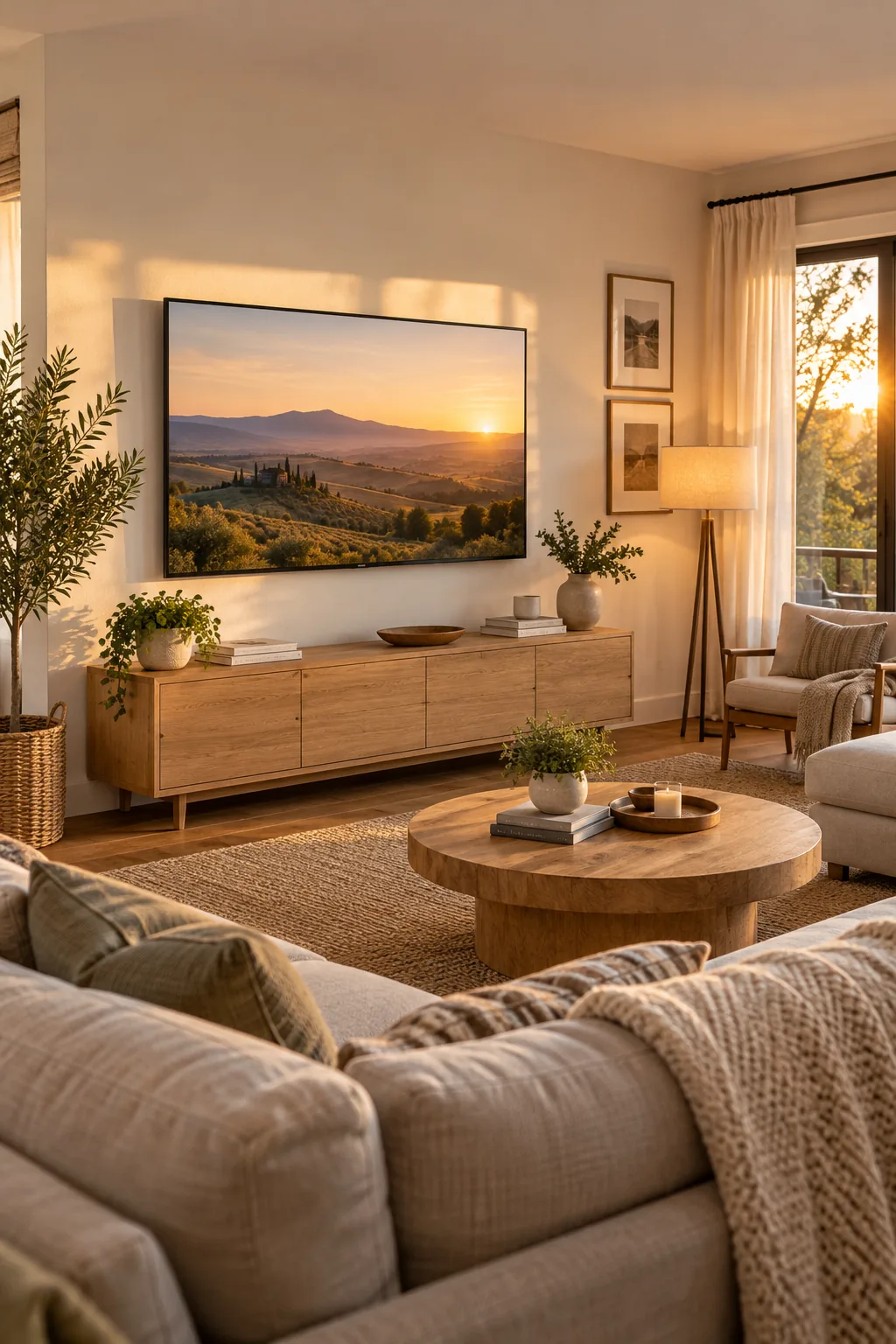 Sunlit living room featuring a perfectly leveled flat-screen TV mounted above an oak console with cozy textiles.