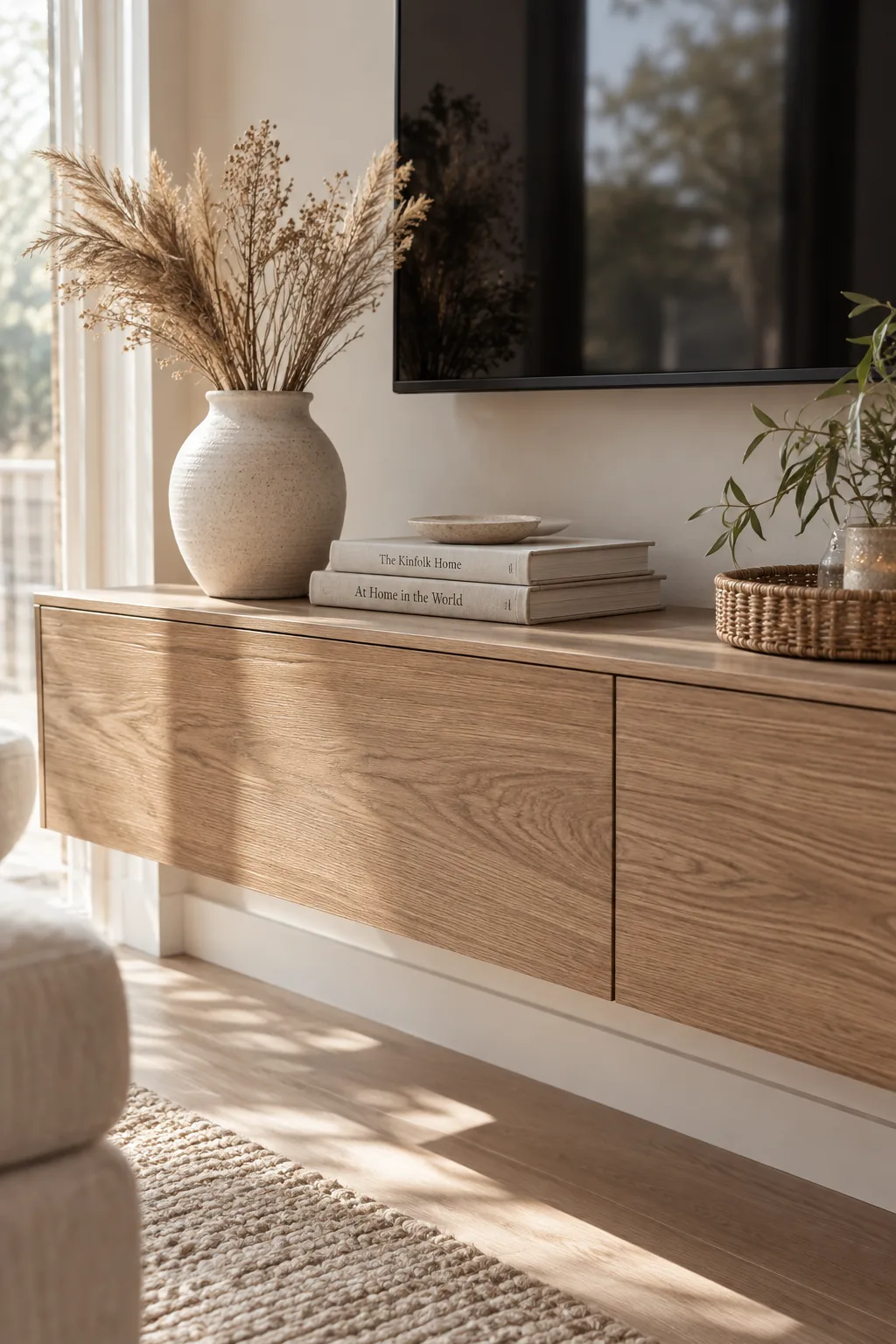 A sleek floating wood media console below a wall-mounted TV styled with vintage books and a pothos plant.