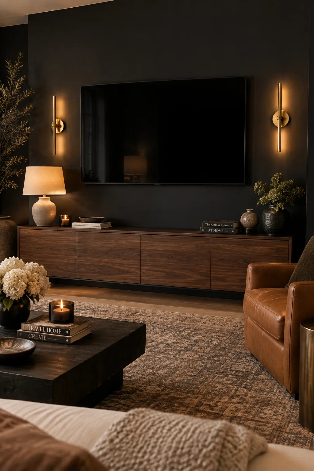 A flat screen TV mounted on a matte black painted accent wall flanked by brass sconces.