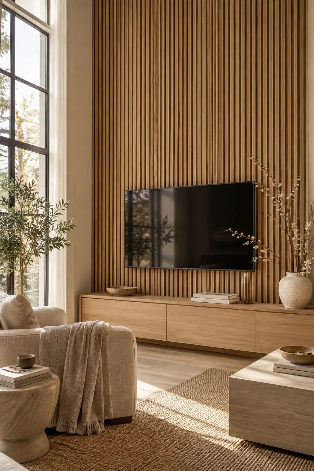 A wall-mounted TV surrounded by vertical wood slat panels stretching from floor to ceiling.