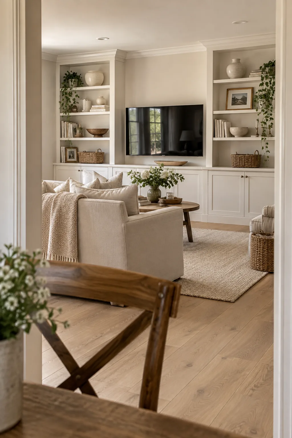 A television centered between two tall bookcases styled with baskets, leaning art, and brass accents.