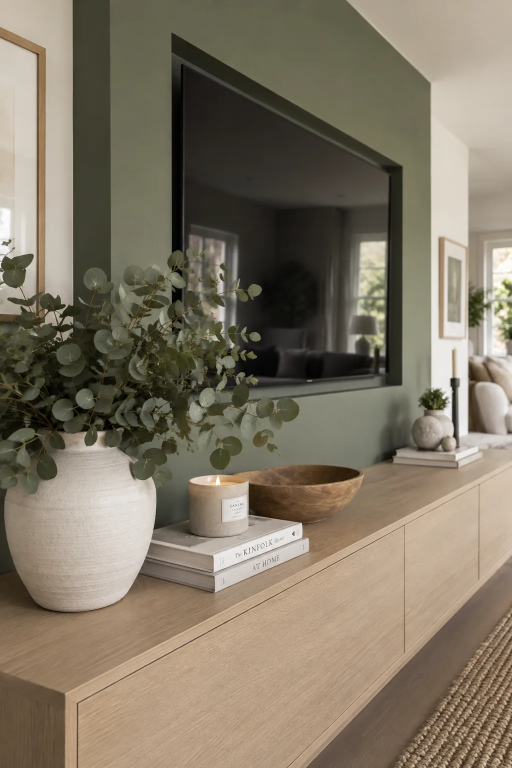 A television recessed into a custom painted drywall bump-out in a modern living room.