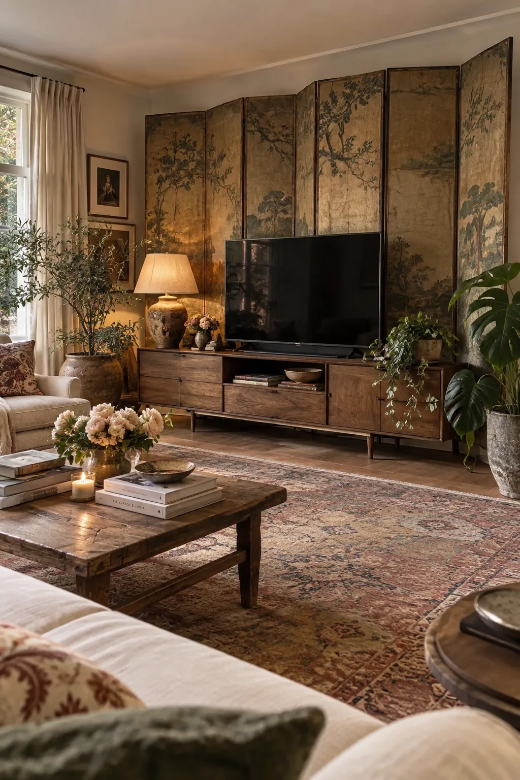An antique folding screen placed behind a low media console with a television in front of it.