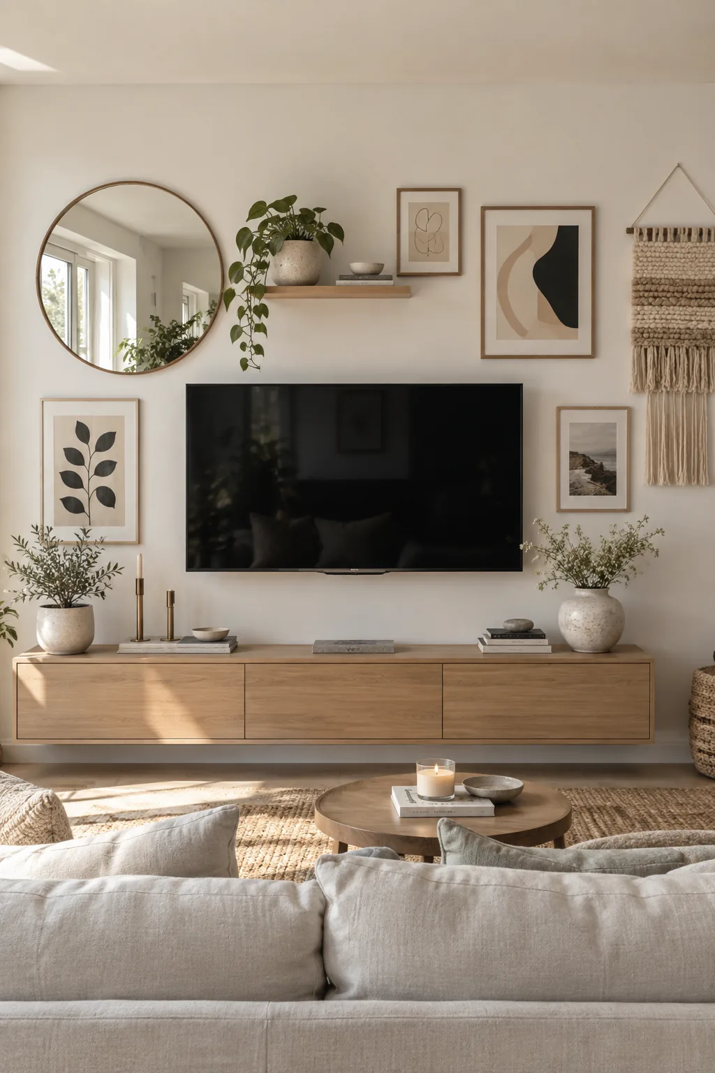 An asymmetrical art display featuring a round mirror and canvas painting arranged around a television.