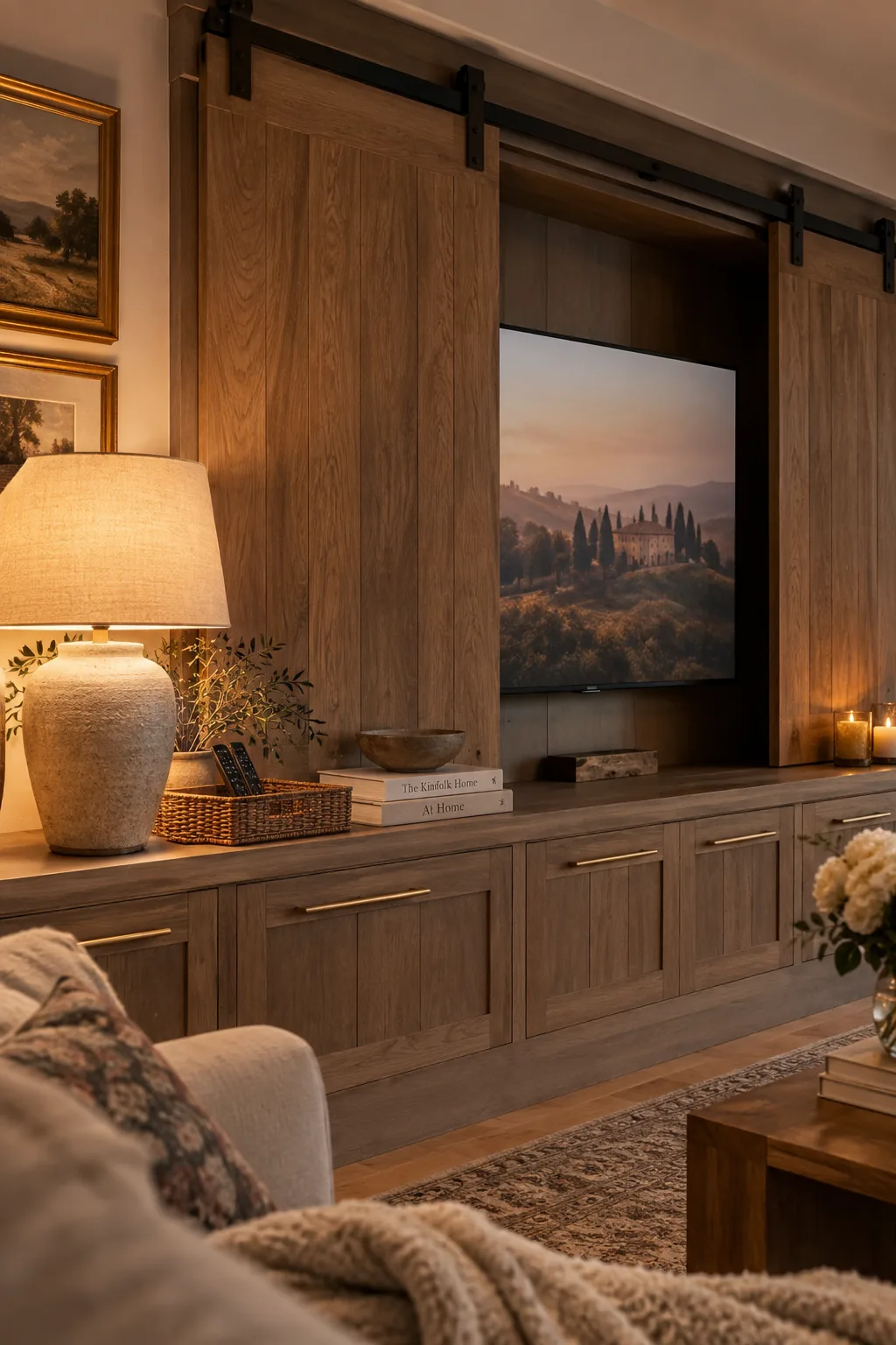 Custom wooden sliding barn doors on a modern track covering a wall-mounted television.