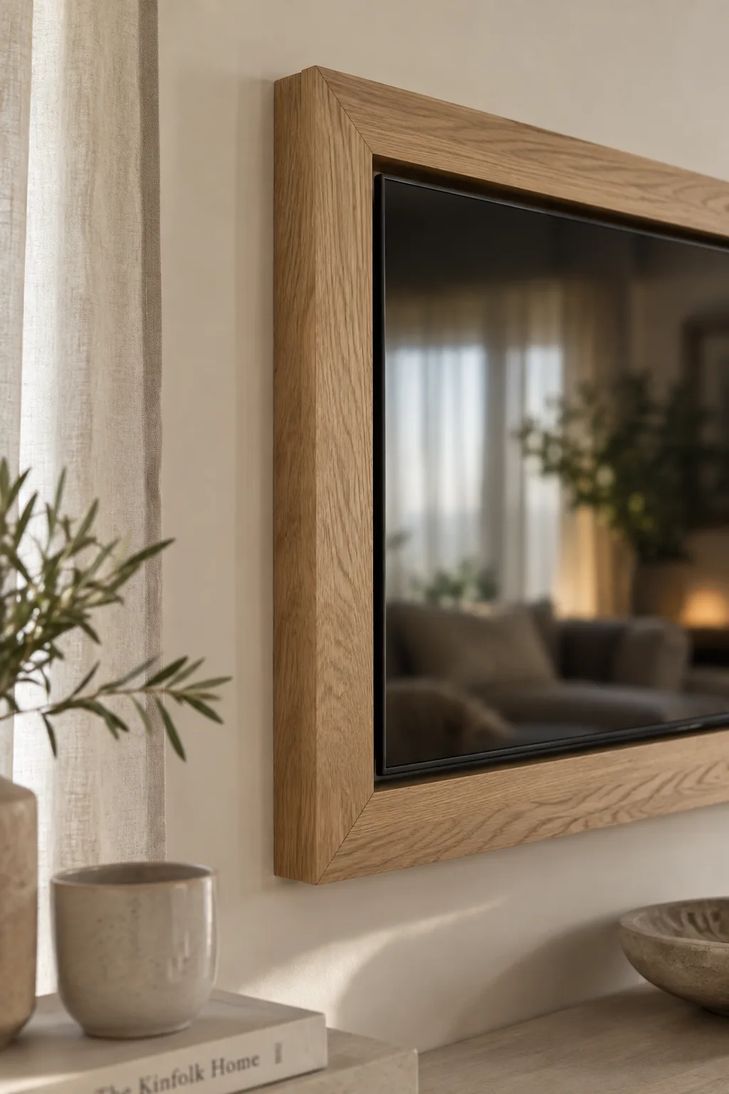 A television enclosed in a custom stained wooden frame matching the living room furniture.