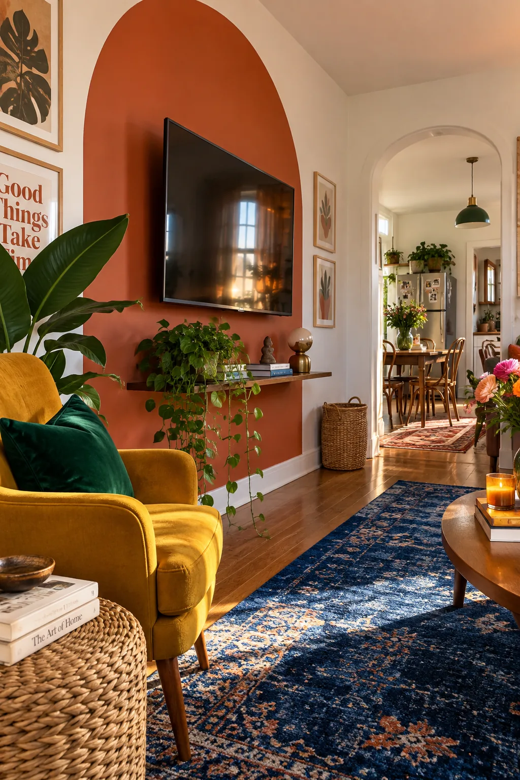 A wall-mounted television centered inside a large painted terracotta arch on a white wall.