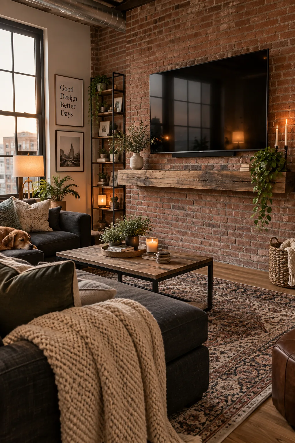 A television mounted above a chunky reclaimed wood mantel on an exposed brick wall.