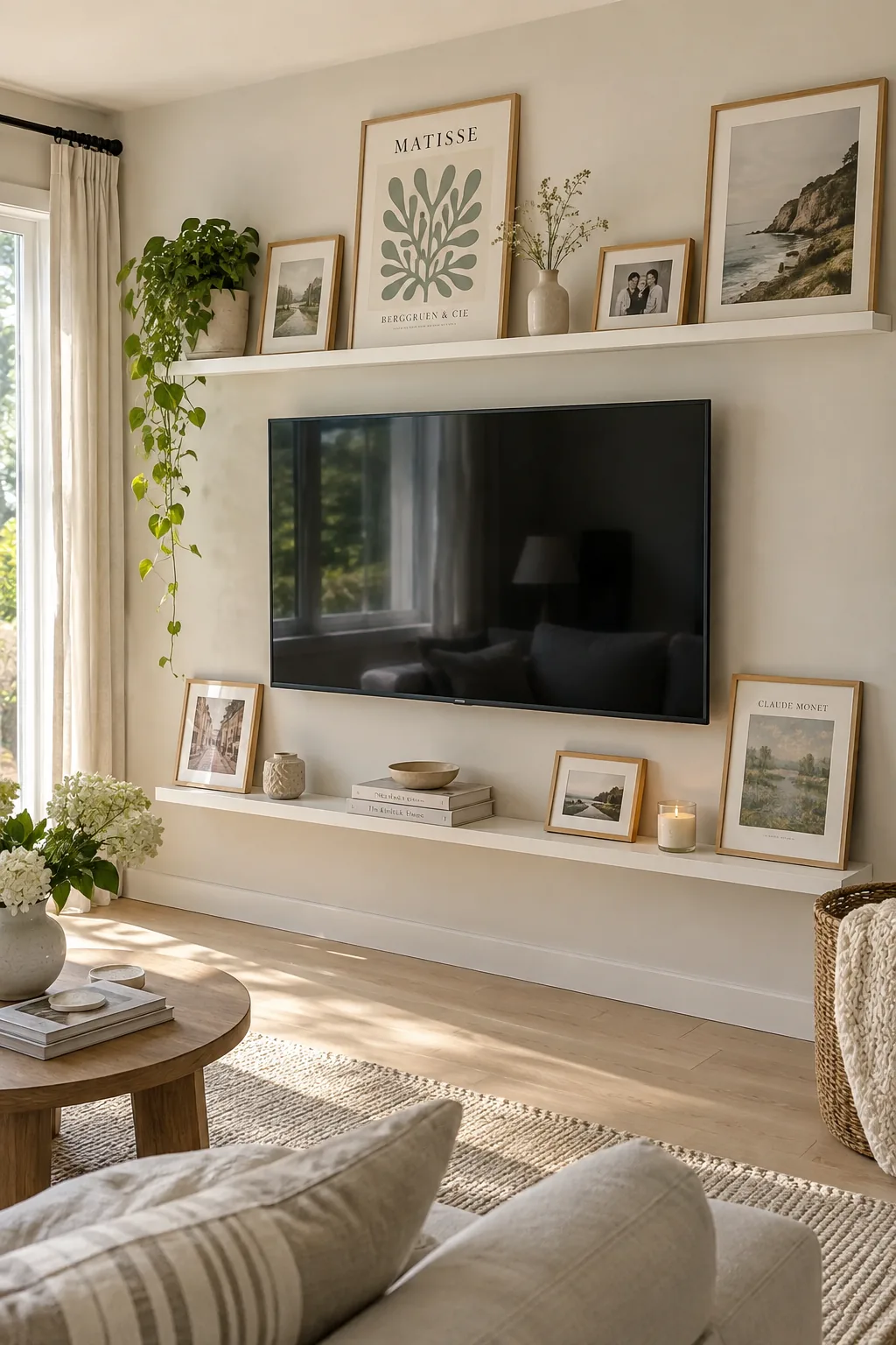 Shallow wooden picture ledges mounted above and below a television, displaying rotating art prints.