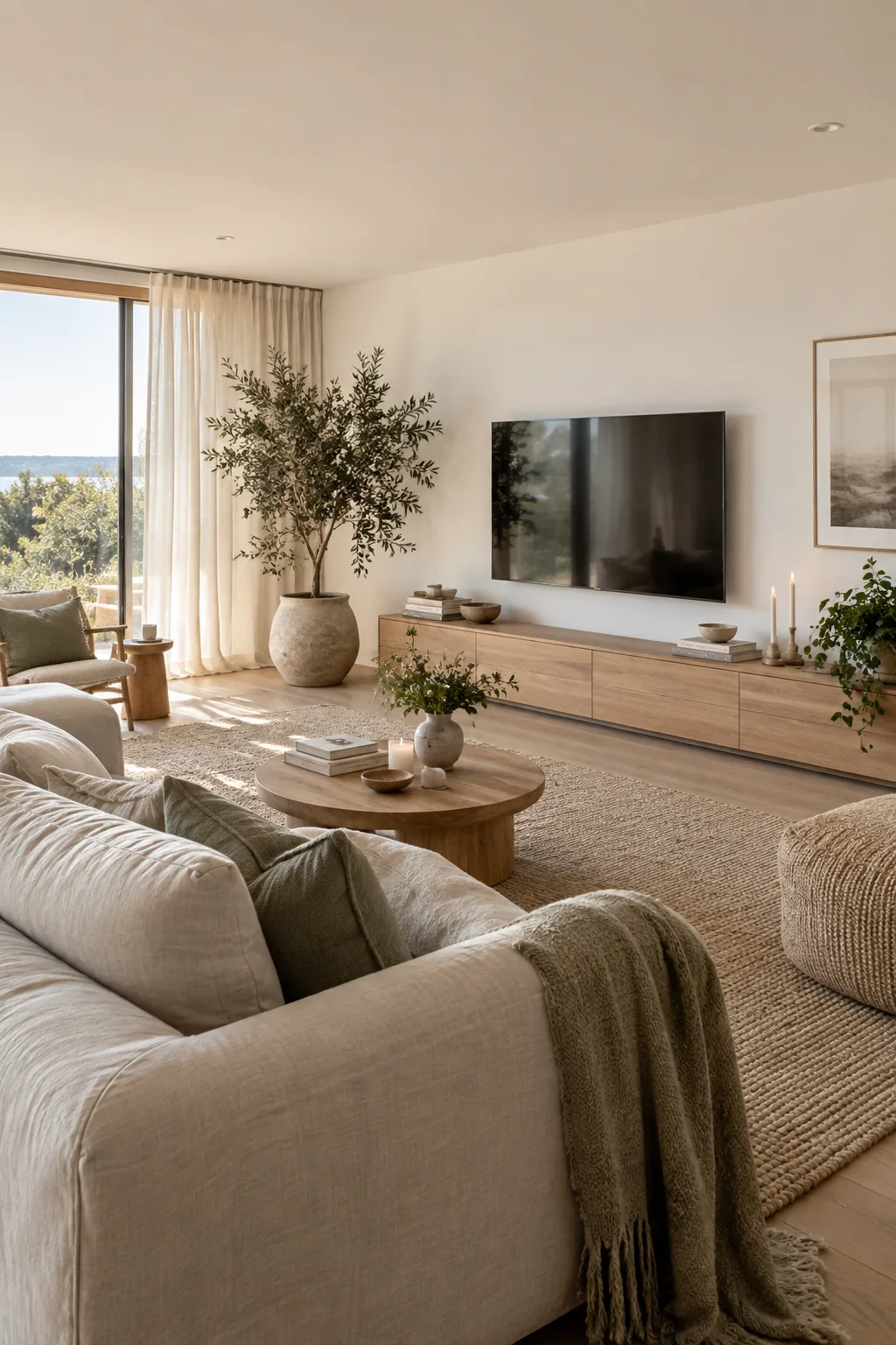 An off-center television balanced by a large potted olive tree on the opposite side of a long wall.