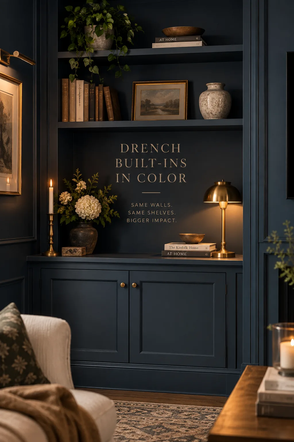 A television blending into custom built-in shelving painted entirely in a dark monochromatic forest green.