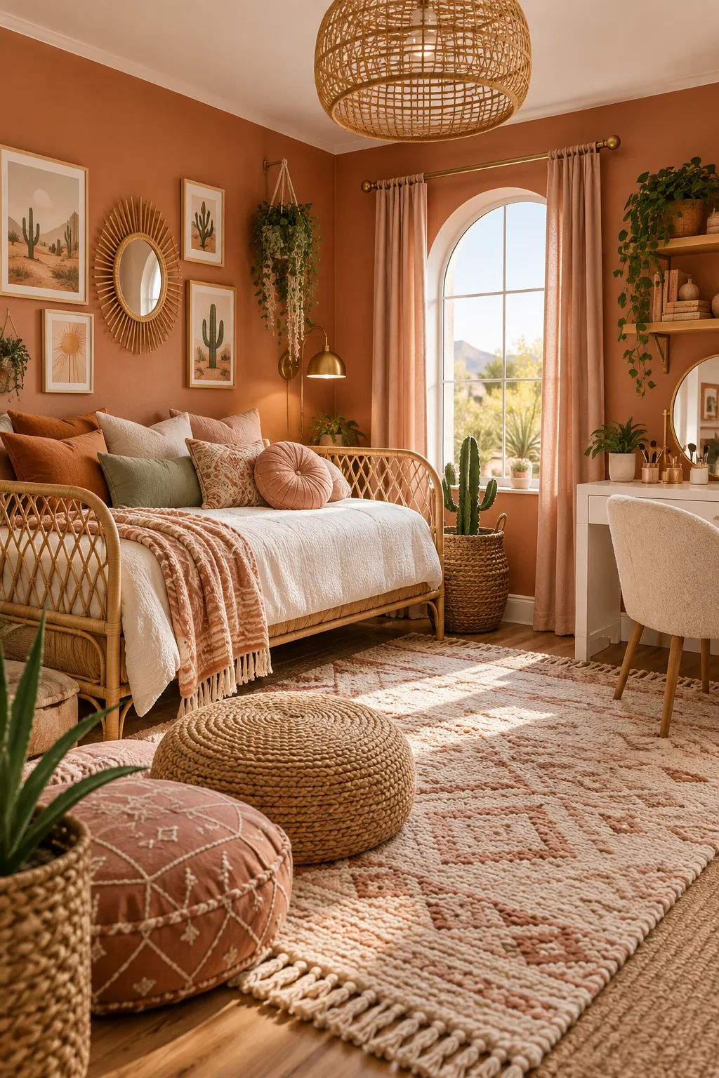 Tween bedroom decorated in terracotta and peach with rattan furniture.