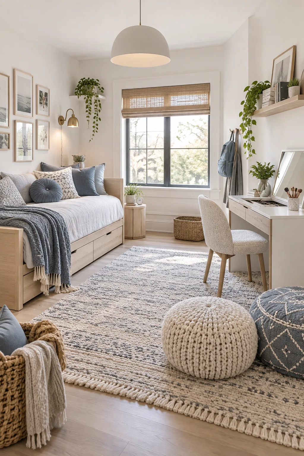 Minimalist tween bedroom with white walls, ash wood, and slate blue accents.