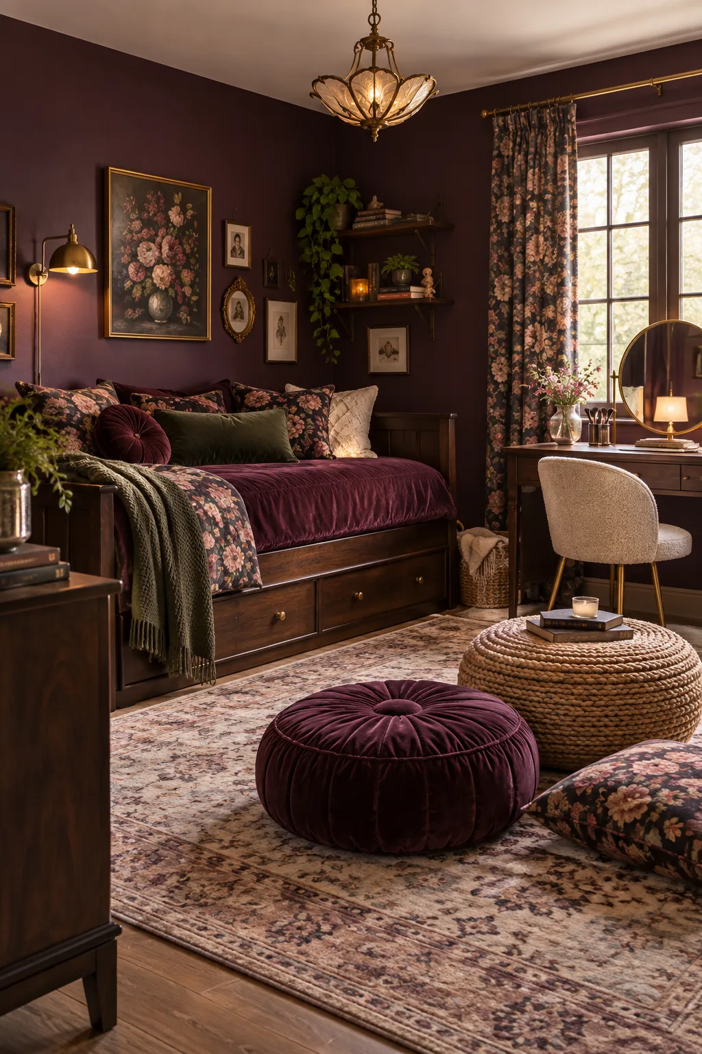 Moody tween bedroom with deep plum walls, dark walnut wood, and vintage floral patterns.