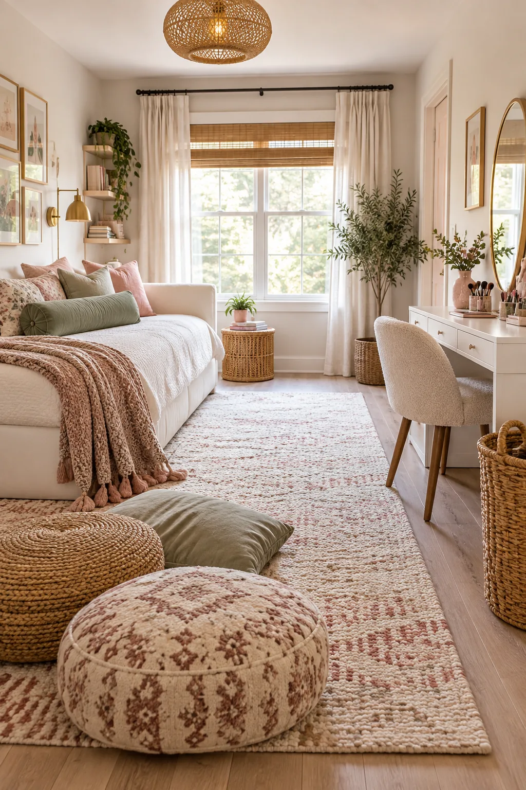 Wide view of a tween bedroom showing a daybed, desk, and floor poufs arranged in distinct zones.