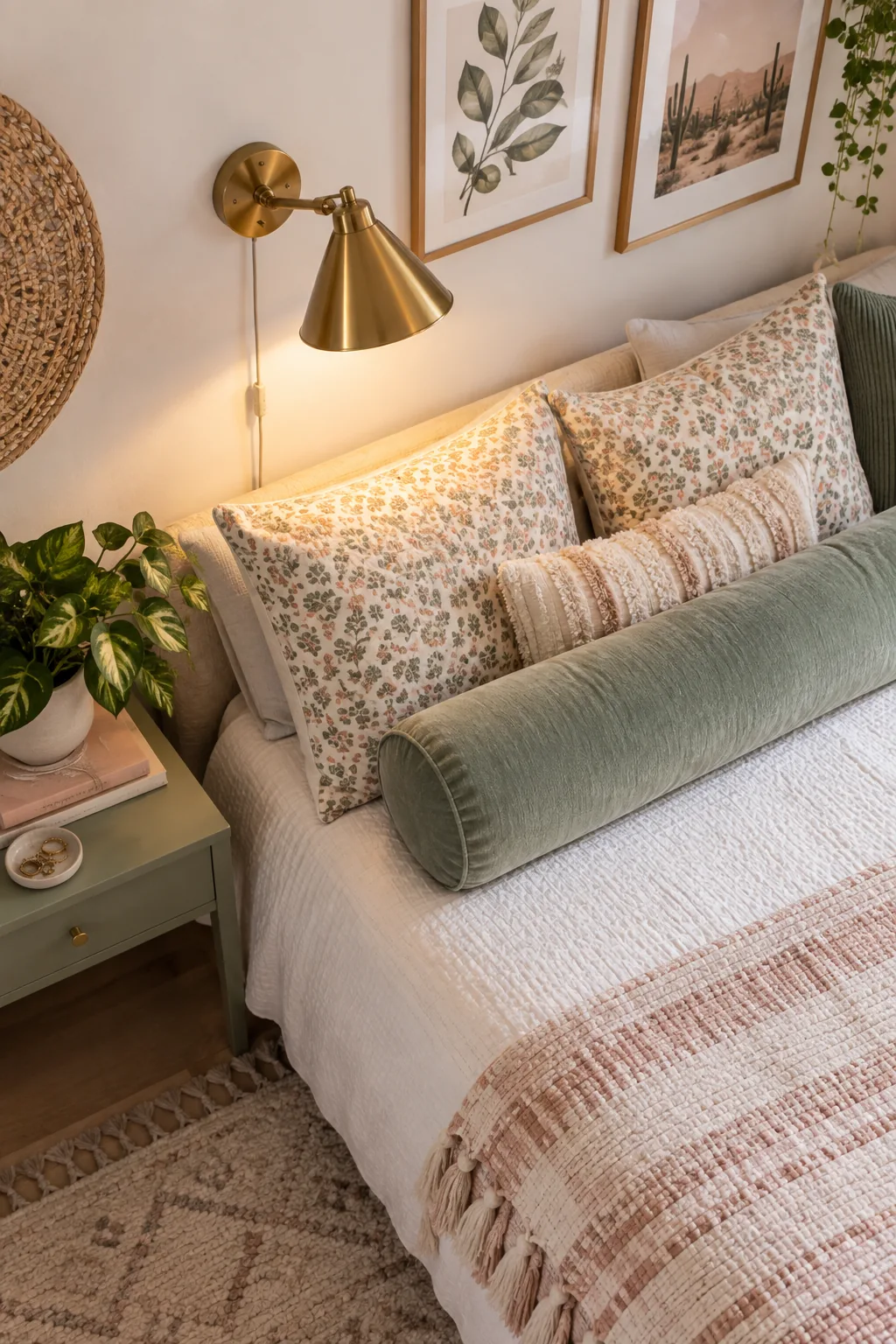 Brass plug-in wall sconce mounted above a bed with a long green bolster pillow.