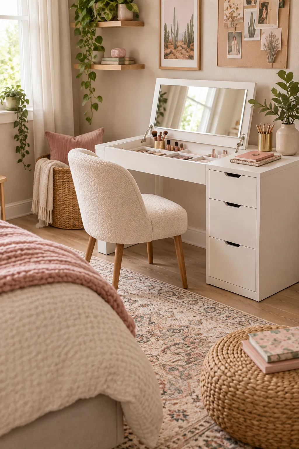 White lift-top vanity desk open to reveal a mirror, paired with a boucle chair.