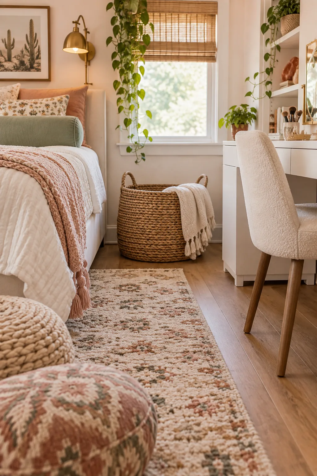 Woven and patterned floor poufs sitting on a plush white rug.
