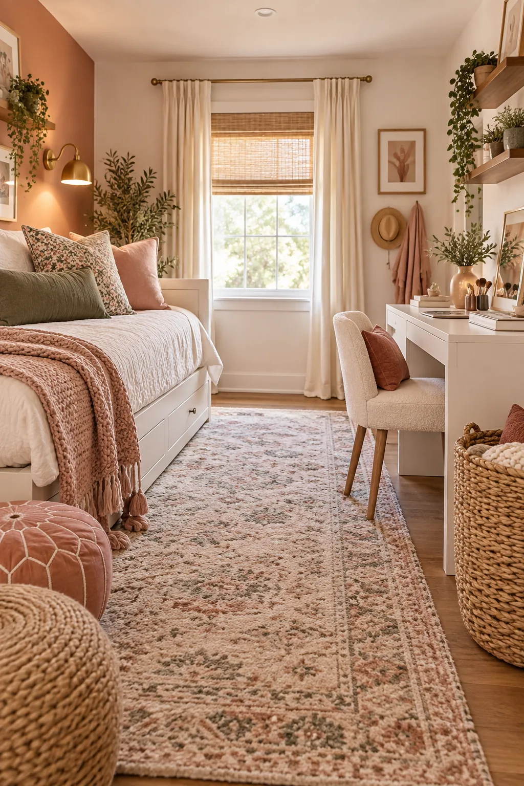 A clean transition area between a bed and desk featuring a large woven floor basket.