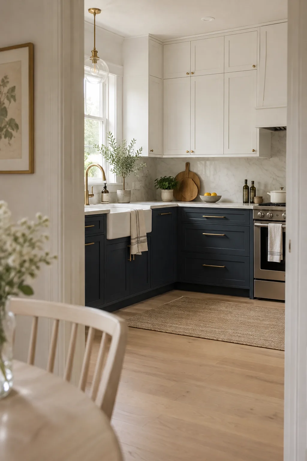 Navy blue lower cabinets and white upper cabinets in a kitchen