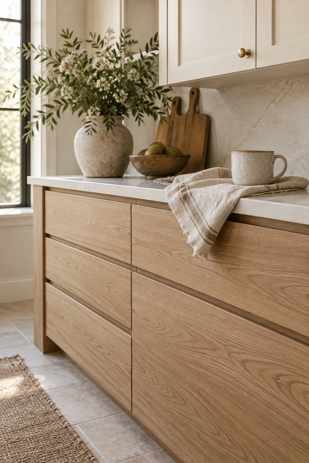 White oak lower cabinets paired with creamy white upper cabinets