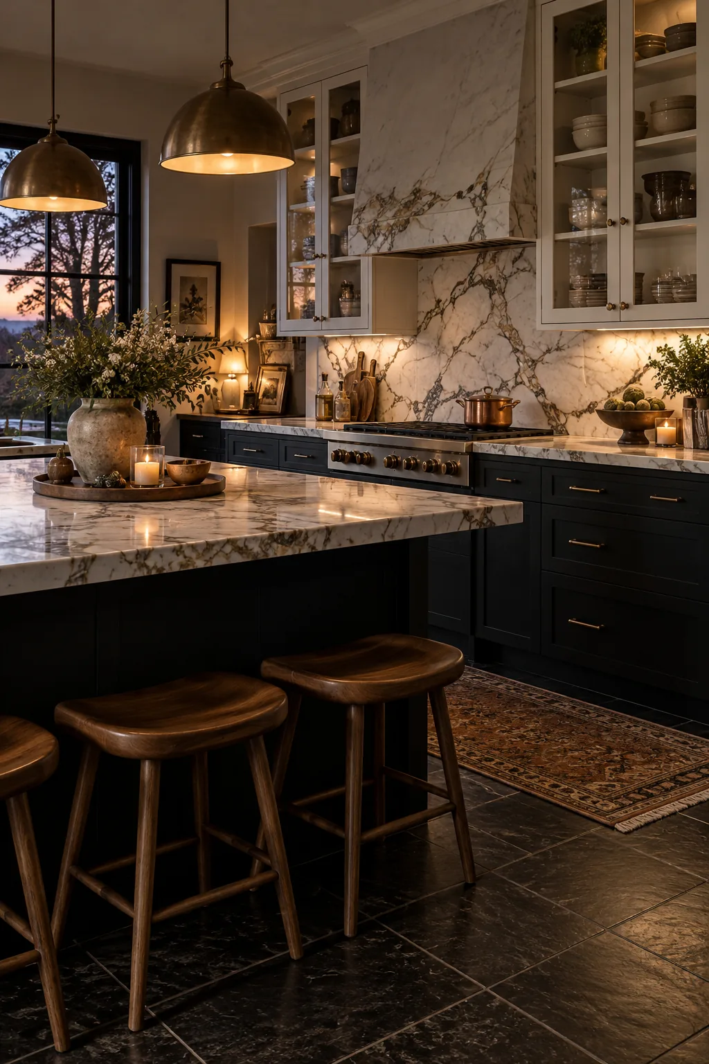 Matte black base cabinets with glass-front white upper cabinets