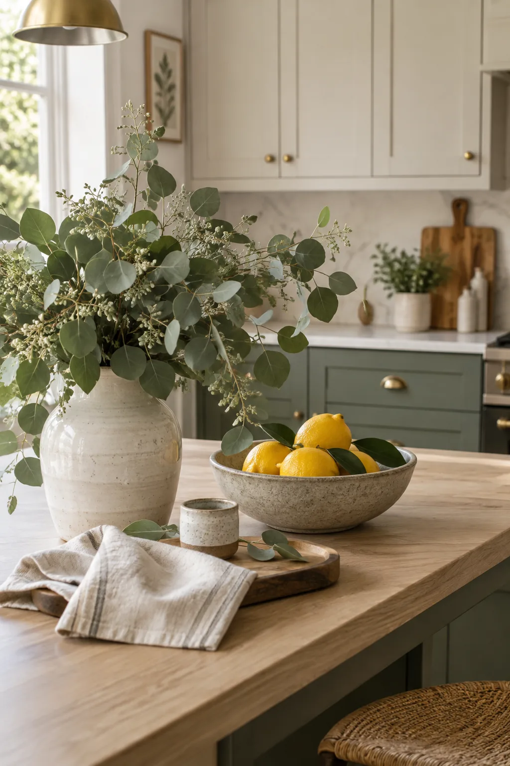 Sage green lower cabinets mixed with putty upper cabinets