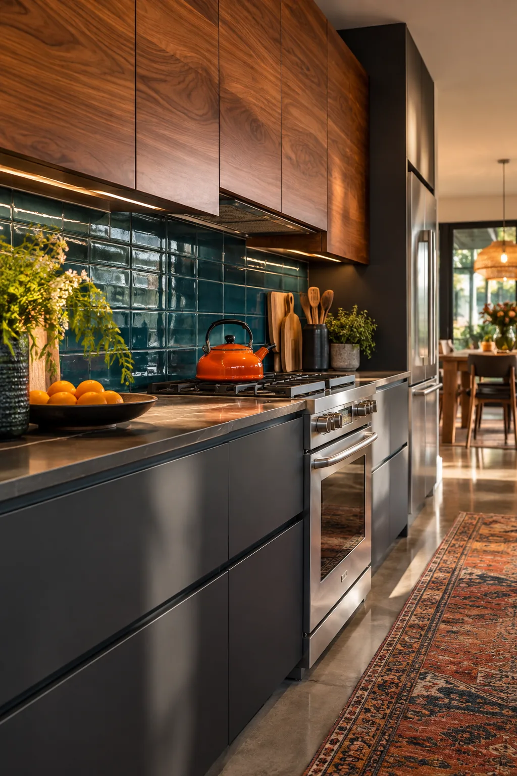 Charcoal gray base cabinets with rich walnut upper cabinets