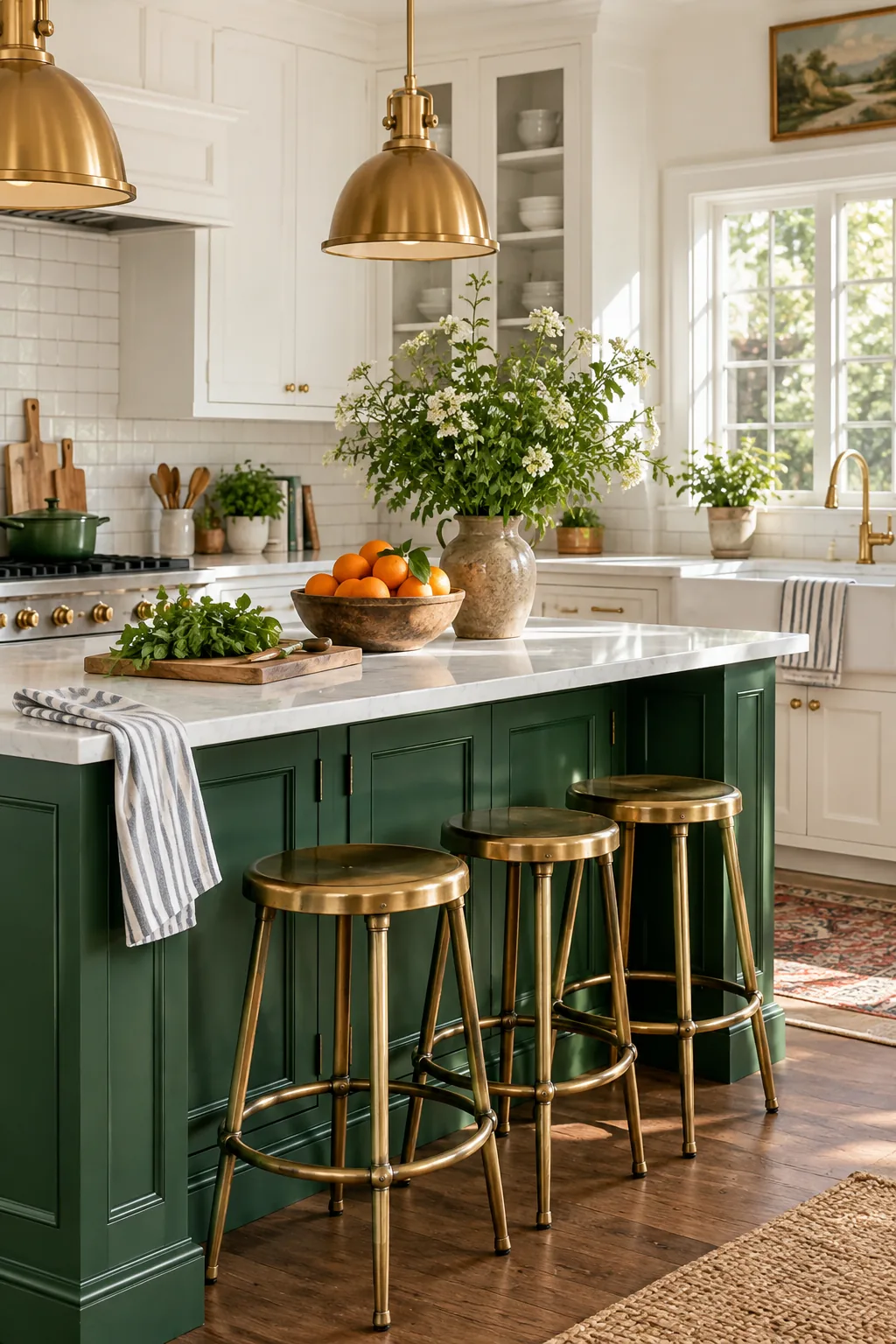 Emerald green kitchen island contrasting with white perimeter cabinets