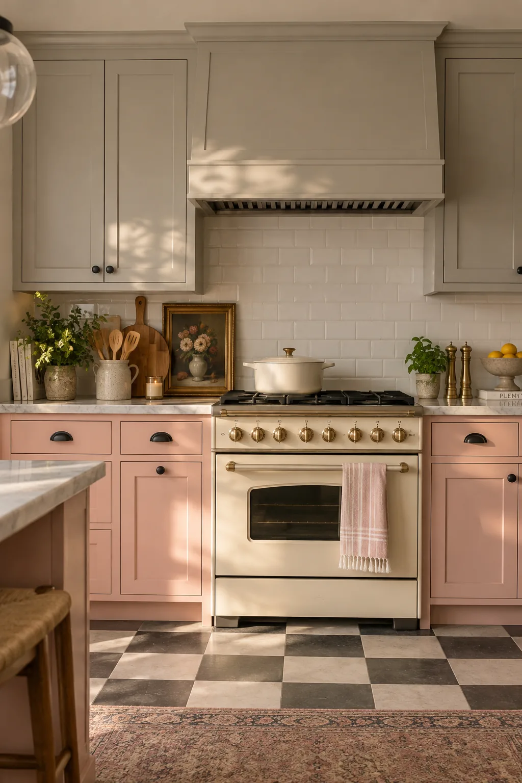 Blush pink lower cabinets with dove gray upper cabinets