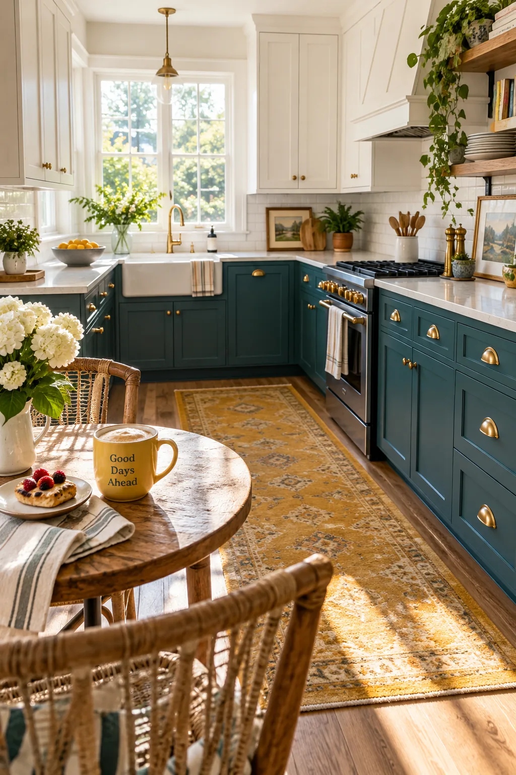 Deep teal base cabinets paired with bright white upper cabinets