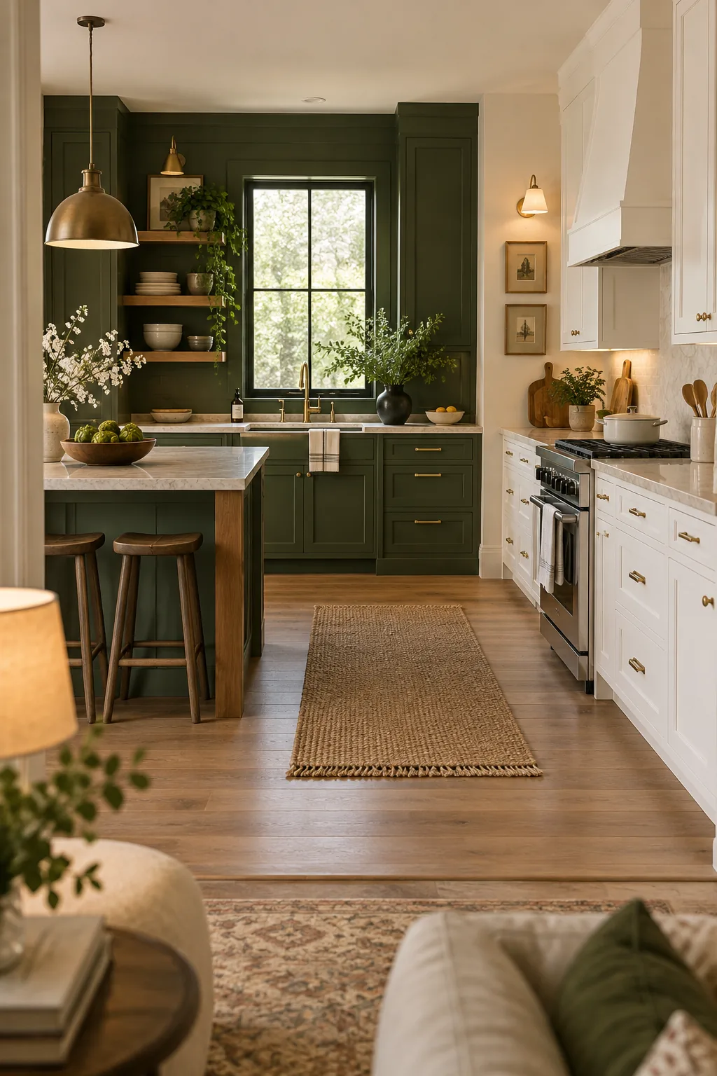 Kitchen with one wall painted hunter green and the other white