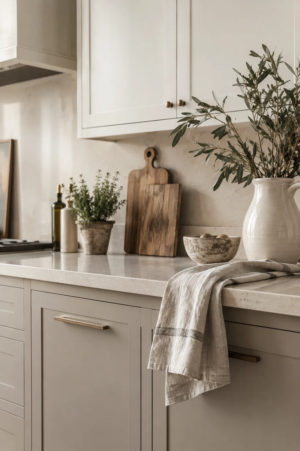Greige lower cabinets topped with crisp white upper cabinets