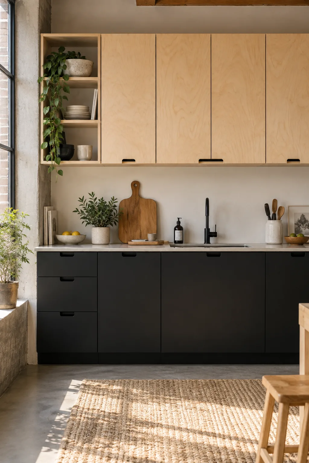 Exposed birch plywood upper cabinets with matte black lower cabinets