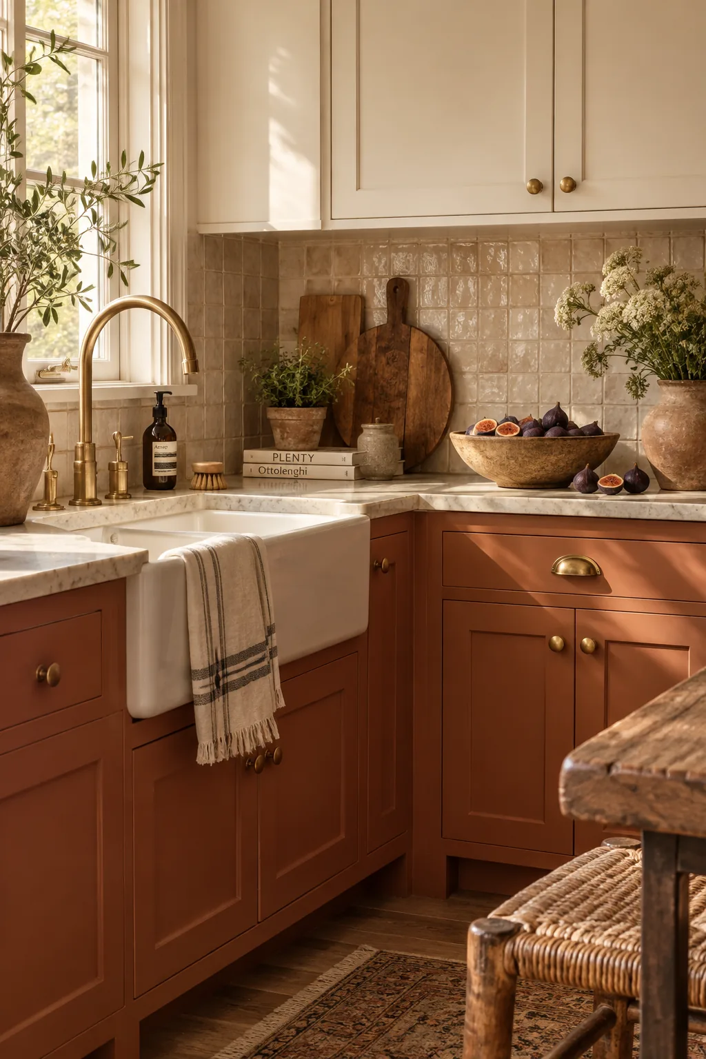 Terracotta painted lower cabinets with creamy off-white upper cabinets