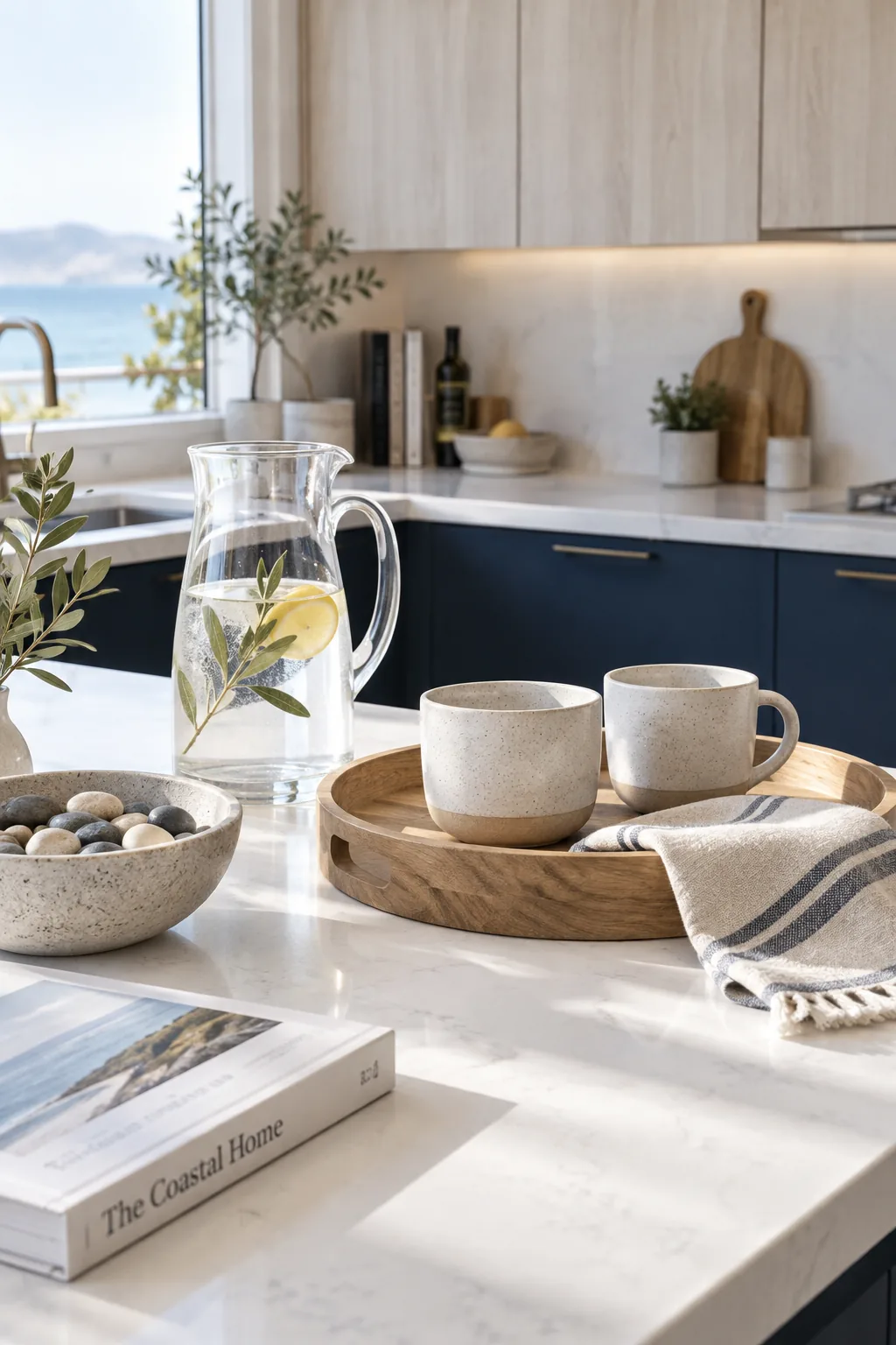 Navy blue base cabinets paired with pale ash wood upper cabinets