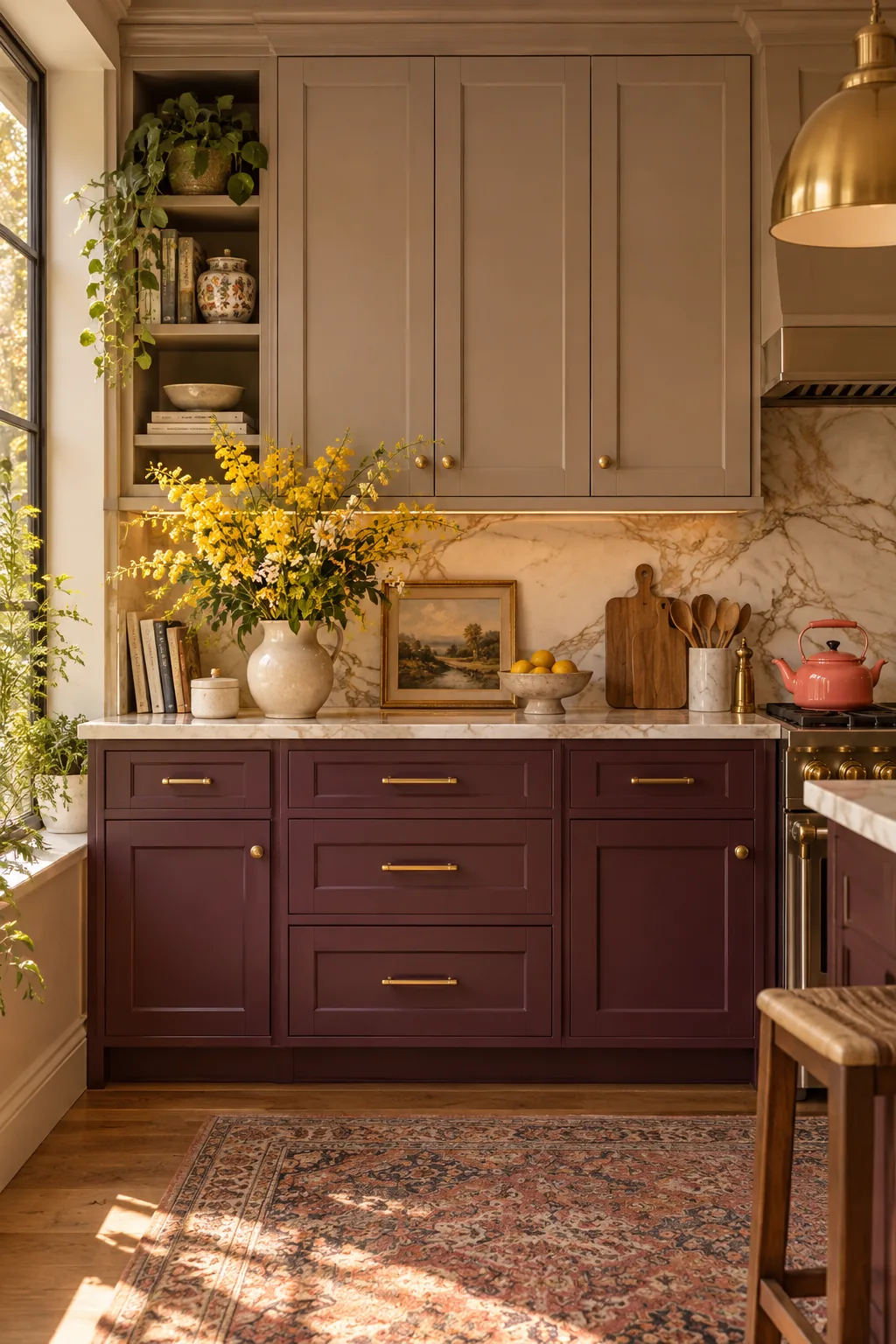 Muted plum lower cabinets with soft taupe upper cabinets