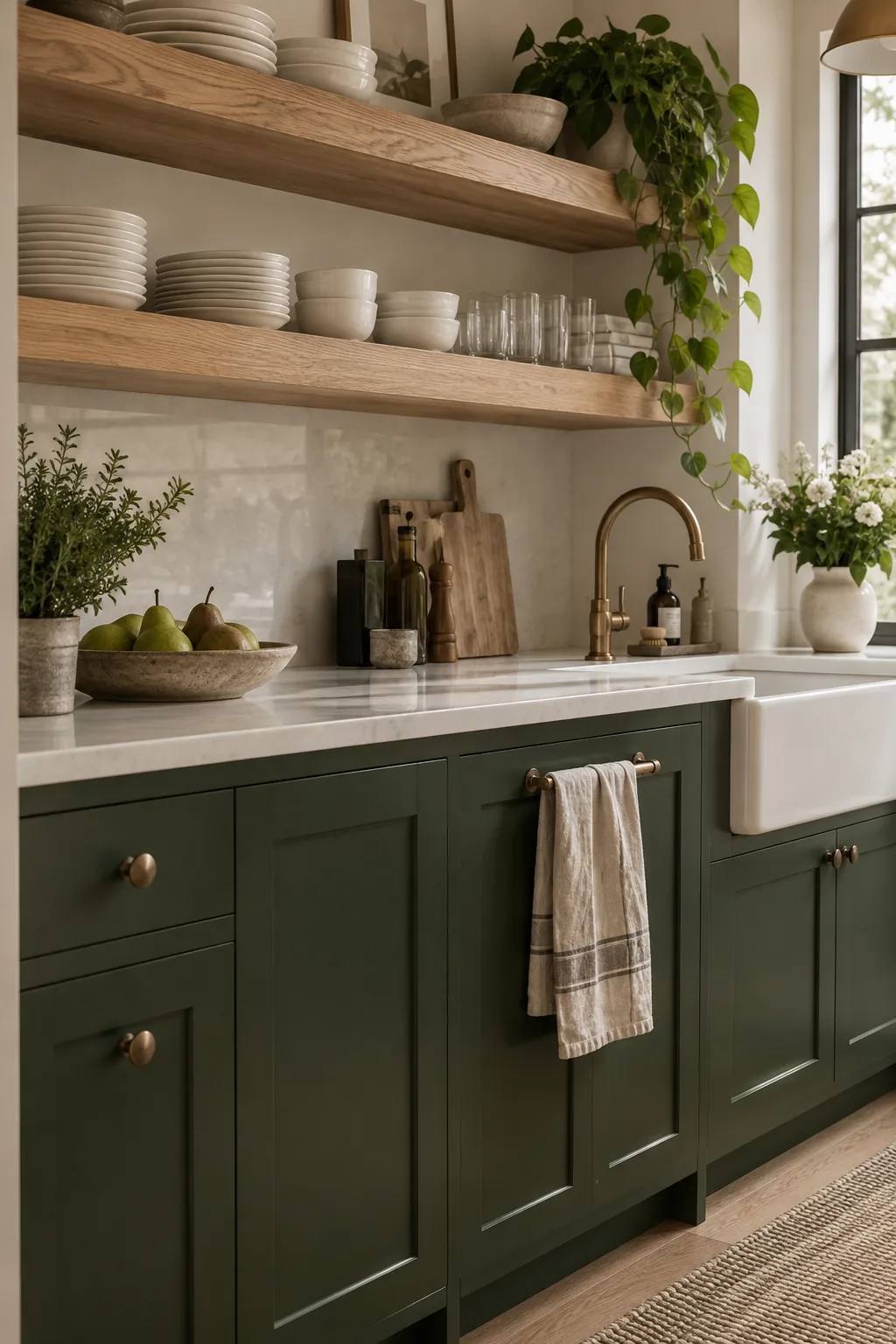 Forest green lower cabinets with floating wood shelves above