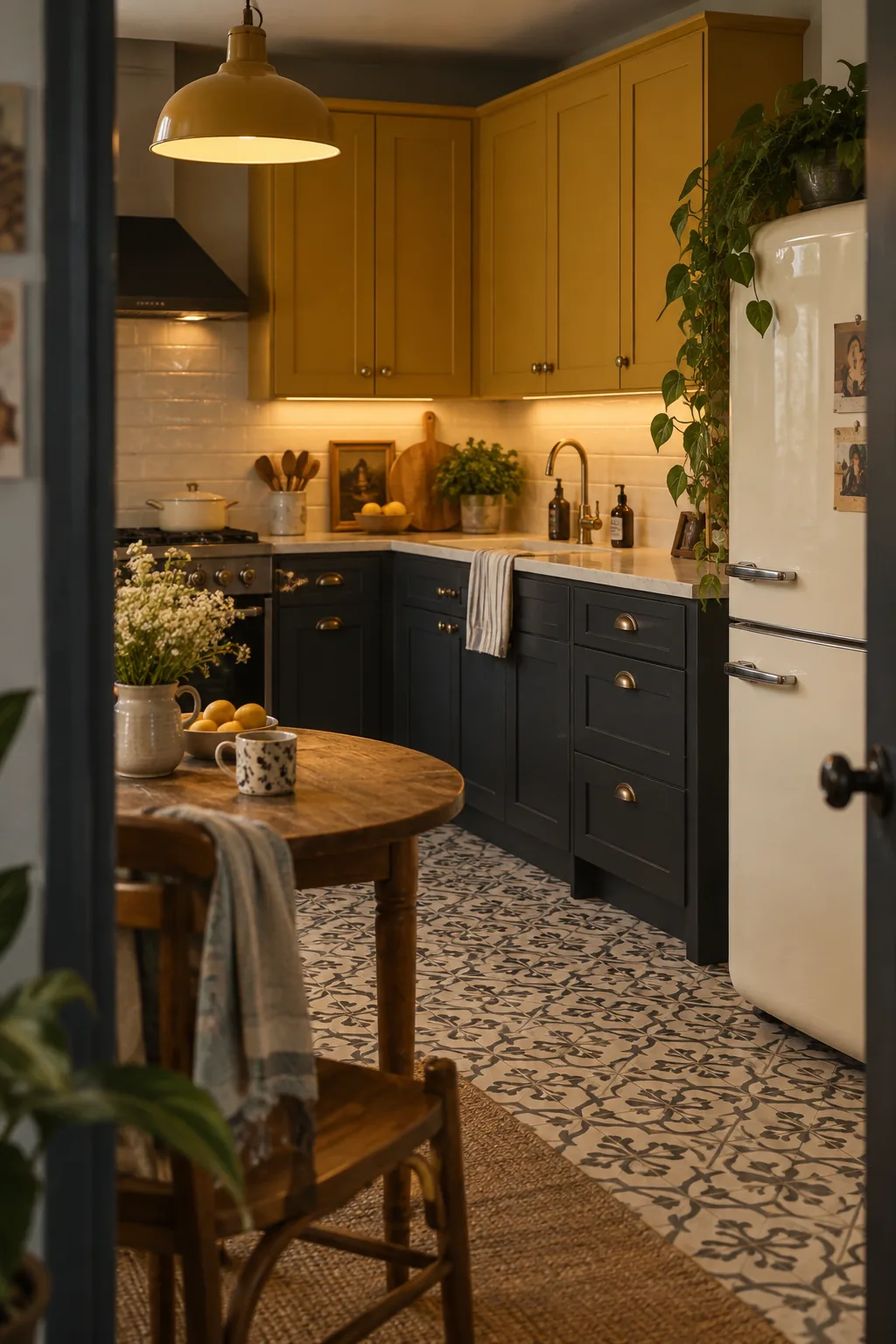 Mustard yellow upper cabinets with dark charcoal base cabinets