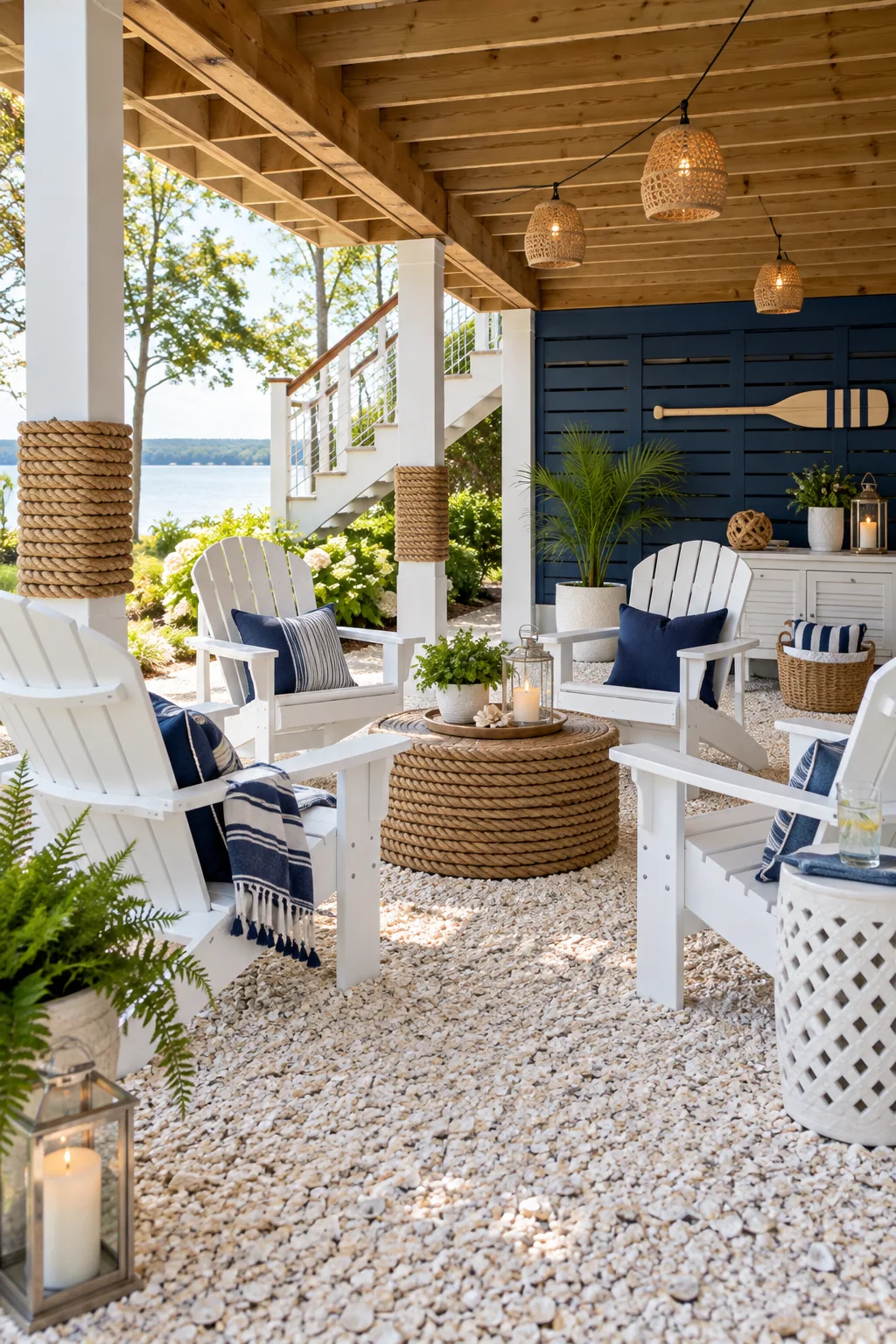 Coastal under-deck lounge with crushed shell flooring and white Adirondack chairs.